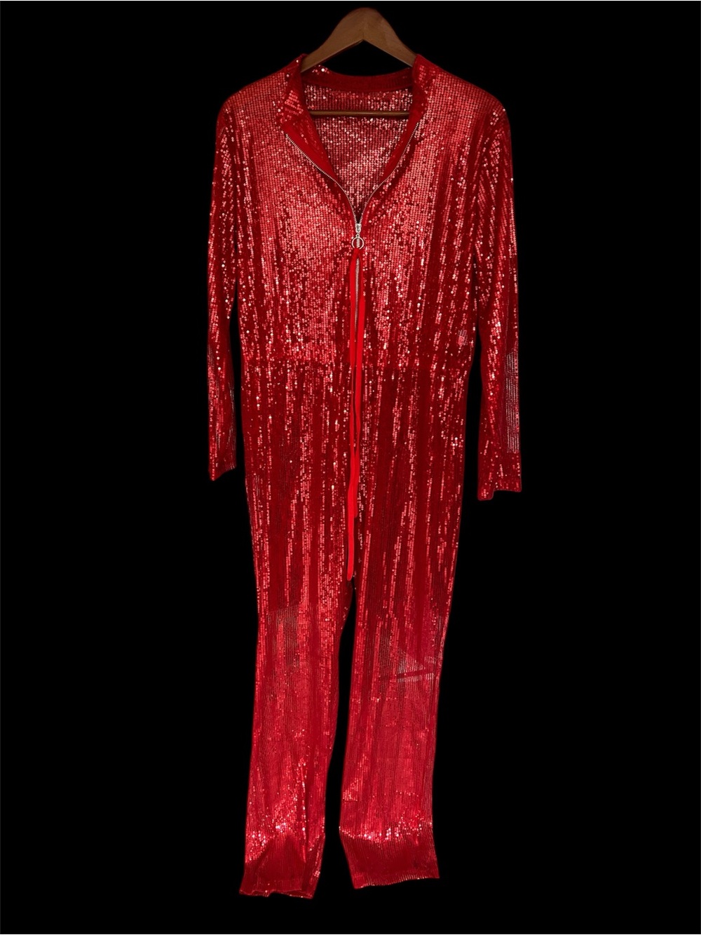 Red Sparkly Sequin One-Piece Zip-Front Onesie Romper Jumpsuit